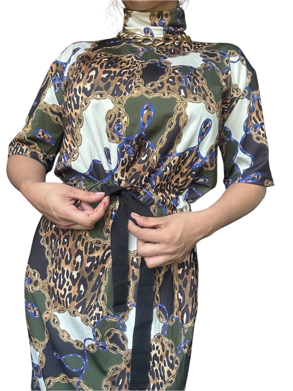 Zara Green/Black/White Leopard-Print Short-Sleeve Midi Dress NWT Medium - Picture 7 of 11